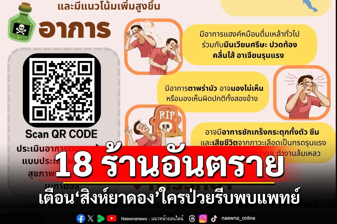 เปิดพิกัด 18 ร้านอันตราย!เตือน‘สิงห์ยาดอง’ใครมีอาการป่วยรีบพบแพทย์ เสี่ยงถึงตาย