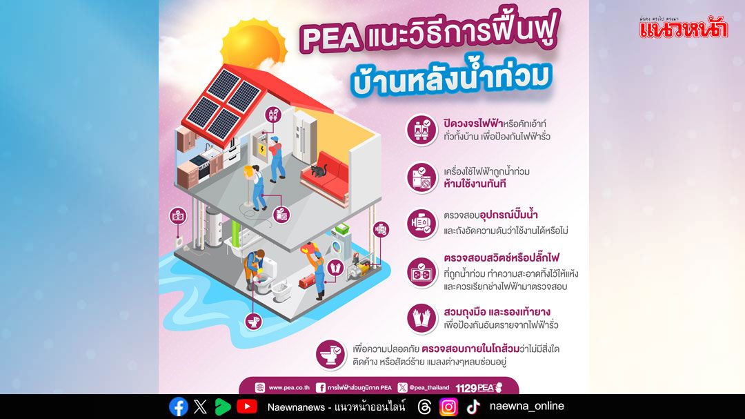 PEA แนะนำประชาชนเตรียมตัวเข้าบ้านหลังน้ำลด