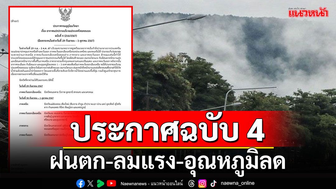 อุตุฯประกาศฉบับ 4 ไทยตอนบนอากาศแปรปรวน ฝนตก-ลมแรง-อุณหภูมิลด