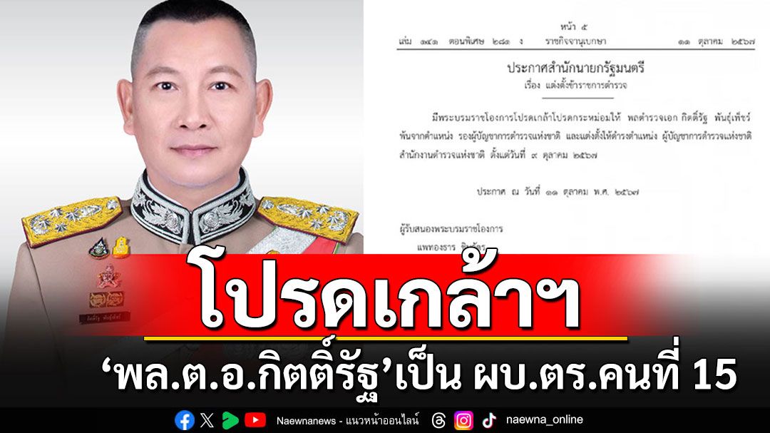 โปรดเกล้าฯ'พล.ต.อ.กิตติ์รัฐ พันธุ์เพ็ชร์'เป็น ผบ.ตร.คนที่ 15