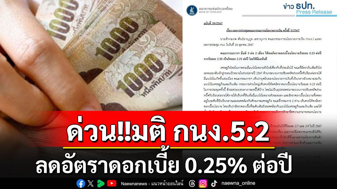 ด่วน!! มติ กนง.เสียงแตก 5 ต่อ 2 เสียง ให้ลดอัตราดอกเบี้ยนโยบาย 0.25% ต่อปี