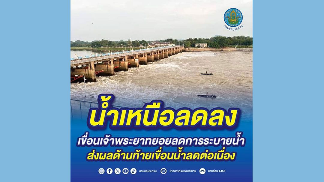 น้ำเหนือลดลง!!! 'เขื่อนเจ้าพระยา'ทยอยลดการระบายน้ำ ส่งผลด้านท้ายเขื่อนน้ำลดต่อเนื่อง