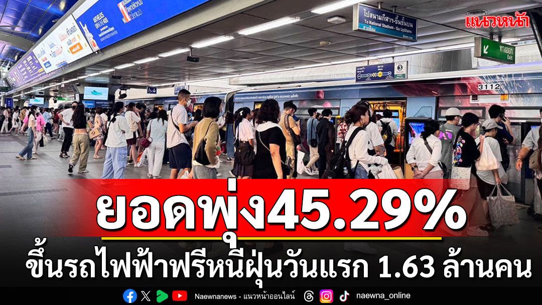 เช็คยอดวันแรก'รถฟรีหนีฝุ่น'มีผู้ใช้บริการรถไฟฟ้ารวม 1.63 ล้านคน ยอดใช้พุ่ง 45.29%