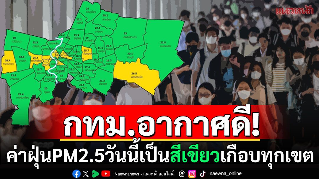 หายใจให้ฉ่ำปอด! กทม.อากาศดีครั้งแรกในรอบปี ค่าฝุ่นPM2.5เขียวเกือบทุกเขต-ไร้พื้นที่สีส้ม