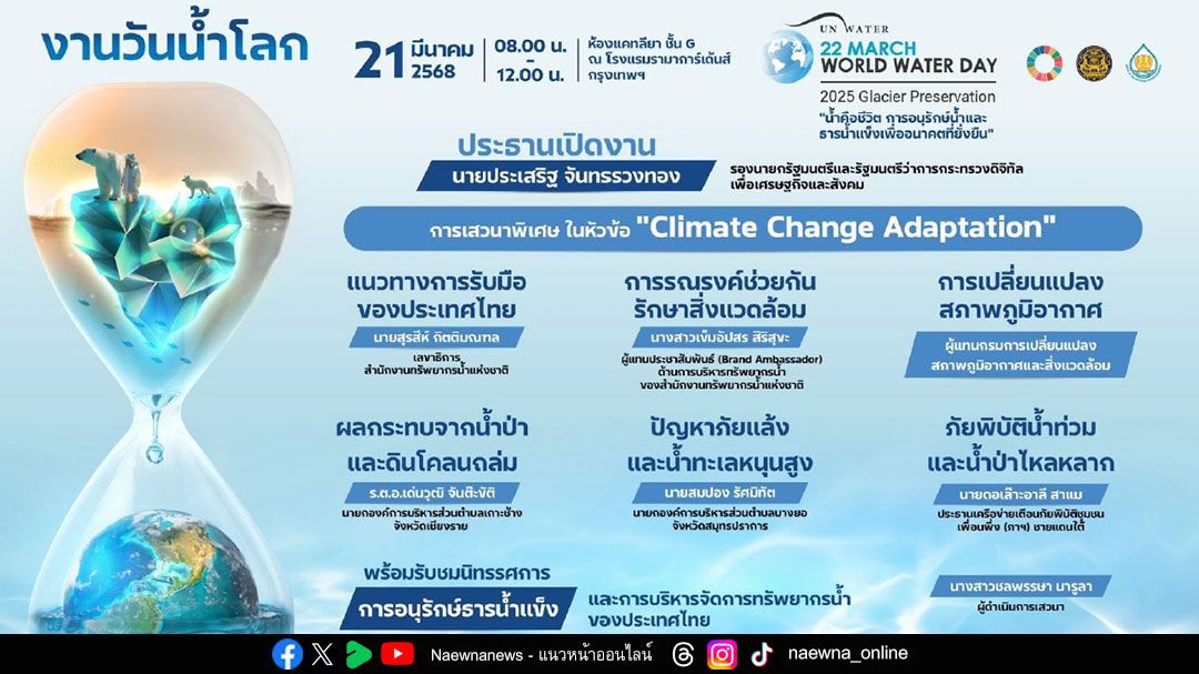 สทนช. ชวนร่วมงาน ‘วันน้ำโลก ปี 2568’ ย้ำแนวคิด ‘น้ำคือชีวิต’ ชูการอนุรักษ์ธารน้ำแข็ง สร้างสมดุลน้ำเพื่อโลกที่ยั่งยืน