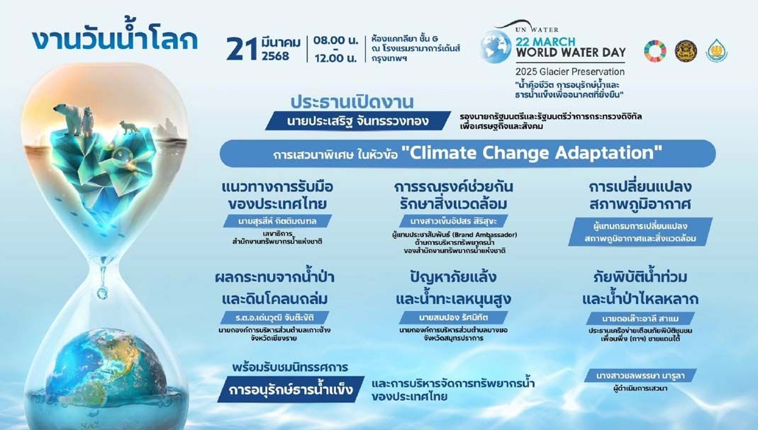 สทนช. ชวนร่วมงาน ‘วันน้ำโลก ปี 2568’ ย้ำแนวคิด ‘น้ำคือชีวิต’  ชูการอนุรักษ์ธารน้ำแข็ง สร้างสมดุลน้ำเพื่อโลกที่ยั่งยืน