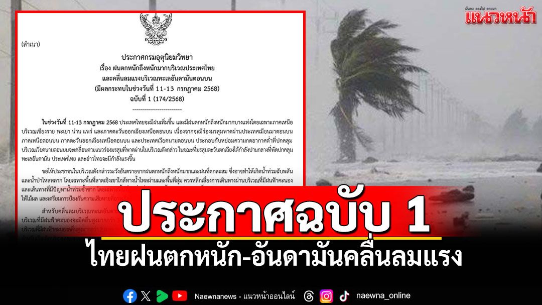 อุตุฯประกาศฉบับ 1 ไทยฝนตกหนัก-อันดามันคลื่นลมแรง
