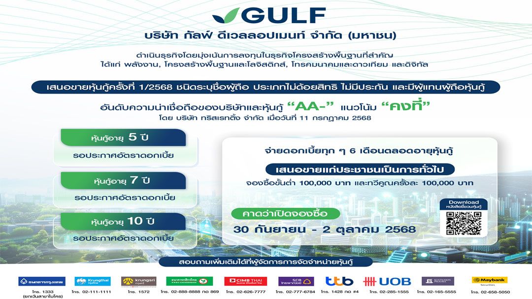GULFเตรียมออกหุ้นกู้ครั้งแรกภายใต้บริษัทใหม่ที่แข็งแกร่งขึ้น  อันดับเครดิตสูงที่AA-เสนอขายผู้ลงทุนสถาบัน ผู้ลงทุนรายใหญ่ และประชาชนทั่วไป