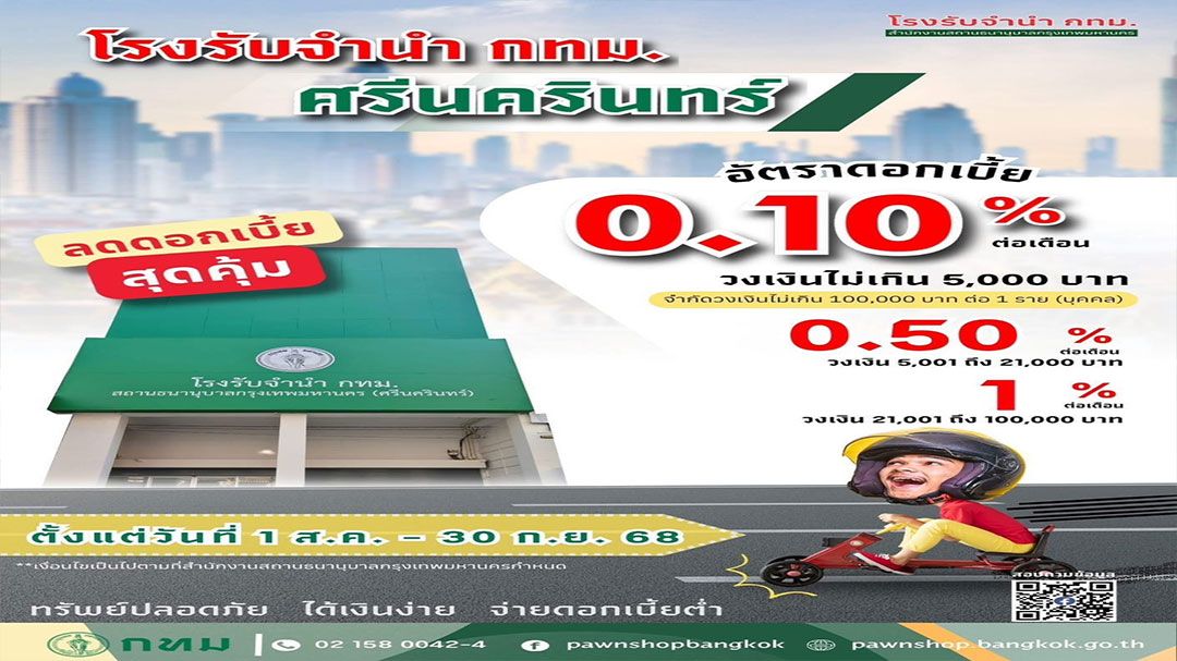 โรงตึ๊งกทม. สาขาศรีนครินทร์ ‘ลดดอกเบี้ยสุดคุ้ม’ เริ่มต้น 0.10 % ต่อเดือน!