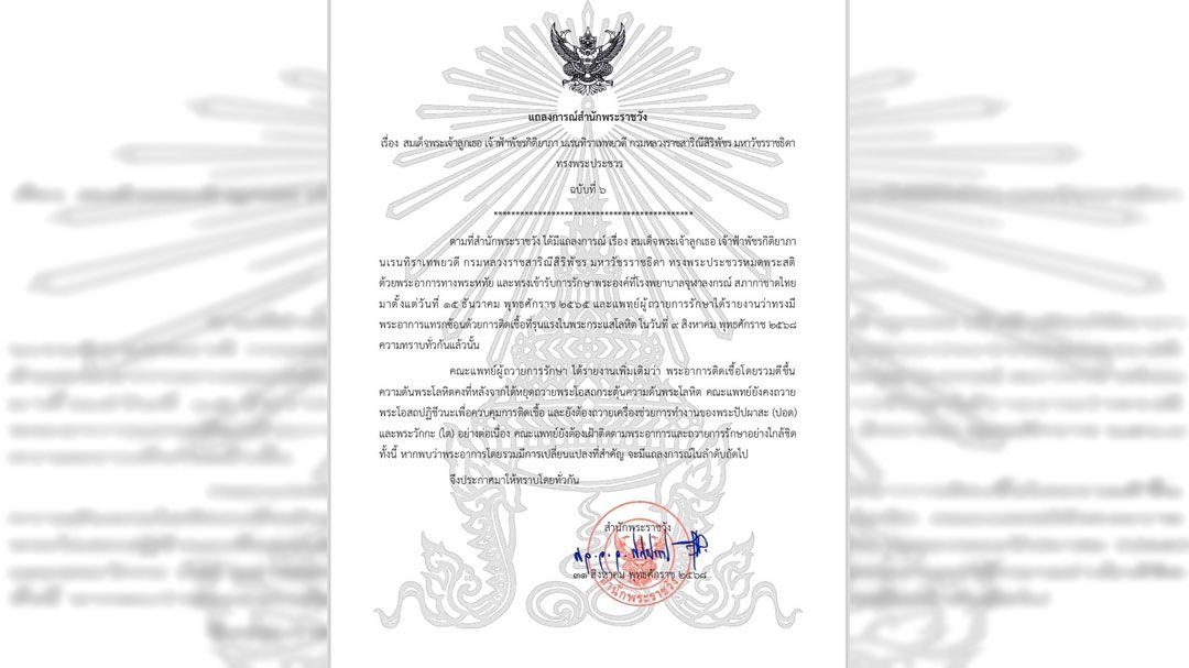 แถลงการณ์ฉบับที่ 6 พระองค์ภาฯ พระอาการติดเชื้อดีขึ้น ความดันพระโลหิตคงที่