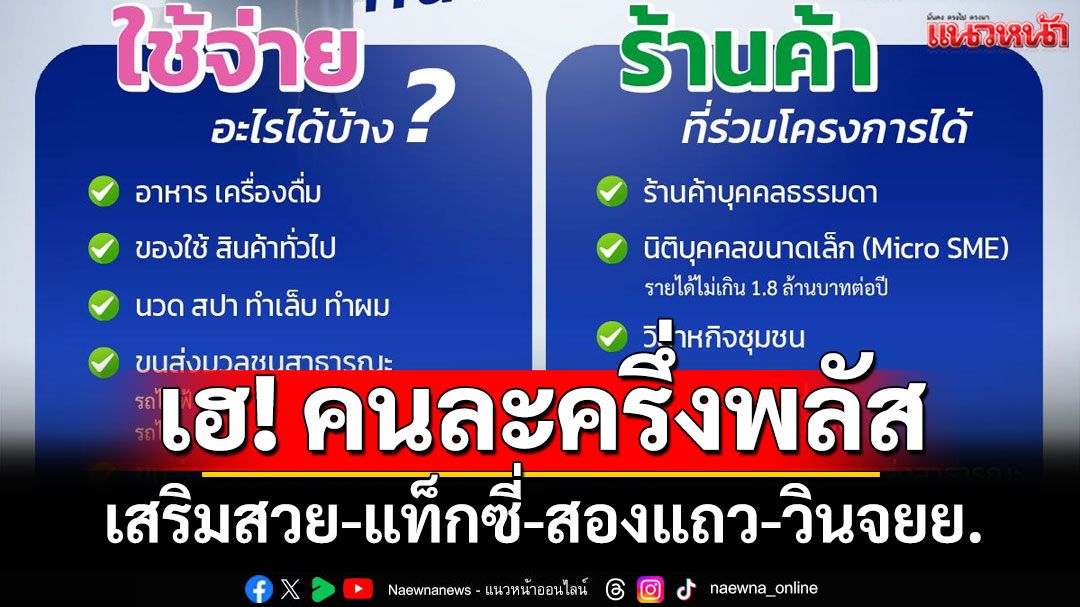 ปชช.ยิ้มกว้าง! 'คนละครึ่งพลัส'ใช้จ่าย'เสริมสวย-แท็กซี่-สองแถว-วินจยย.'ได้