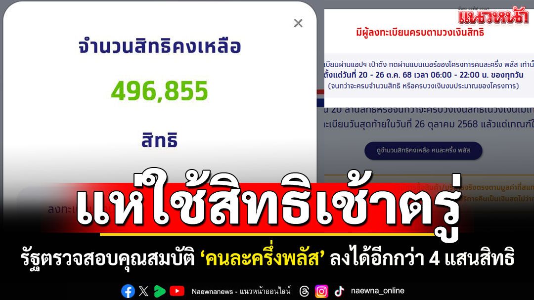 รัฐตรวจสอบลงทะเบียน 'คนละครึ่งพลัส' ลงได้อีกกว่า 4 แสน ปชช.แห่ใช้สิทธิ