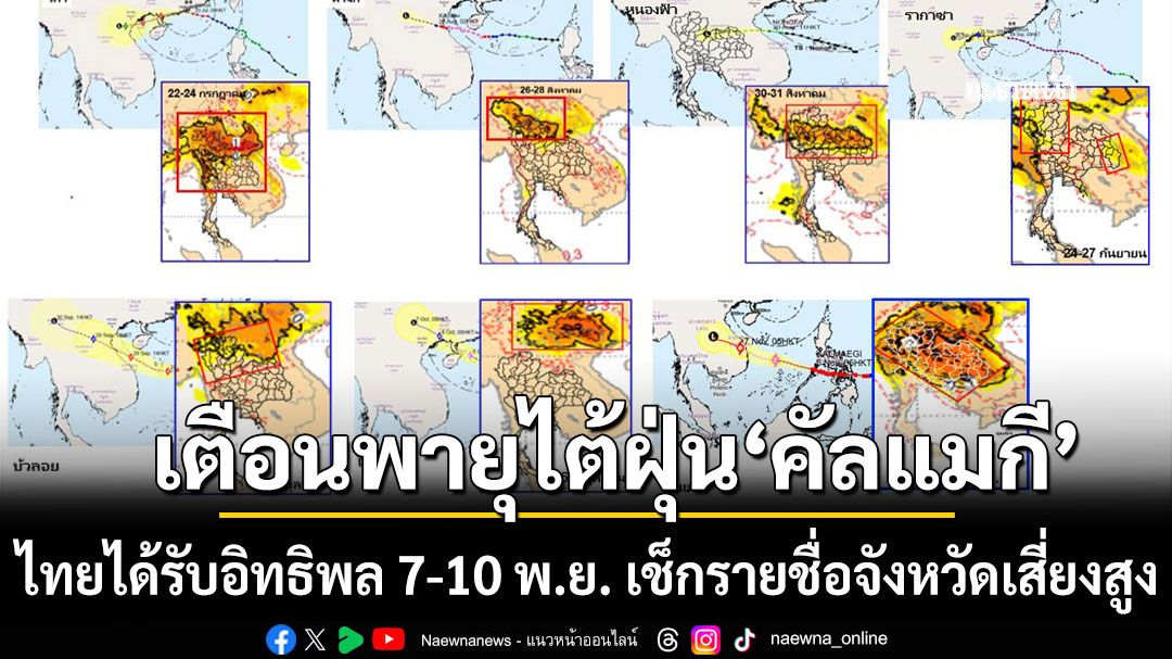 เตือนพายุไต้ฝุ่น'คัลแมกี' ไทยได้รับอิทธิพล 7-10 พ.ย. เช็กรายชื่อจังหวัดเสี่ยงสูง
