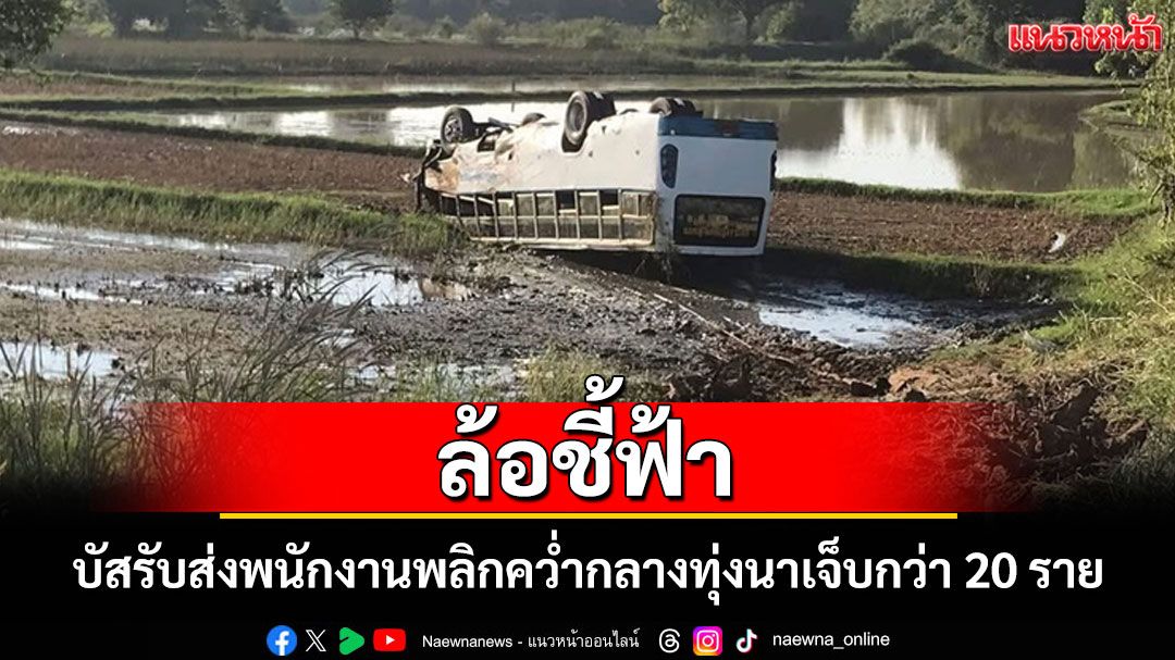 หวิดดับยกคัน บัสรับส่งพนักงานเสียหลักชนเสาไฟฟ้าพลิกคว่ำล้อชี้ฟ้าเจ็บกว่า 20 ราย