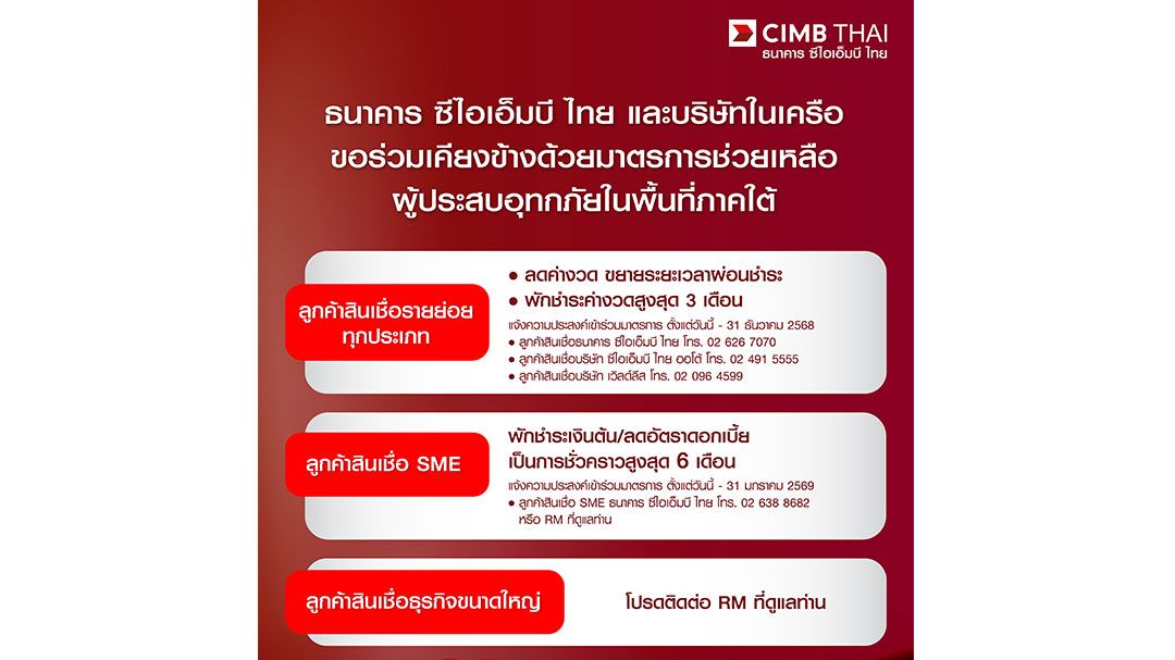 CIMB THA ออกมาตรการเร่งด่วนช่วยเหลือลูกค้าผู้ประสบอุทกภัยภาคใต้