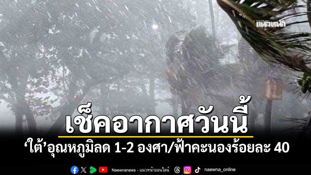 เช็คอากาศวันนี้! 'ใต้'อุณหภูมิลด 1-2 องศา/ฟ้าคะนองร้อยละ 40