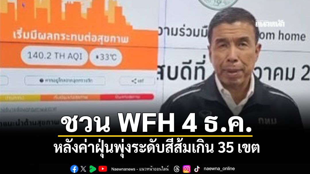 กทม.ชวน WFH 4 ธ.ค. หลังค่าฝุ่นพุ่งระดับสีส้มเกิน 35 เขต