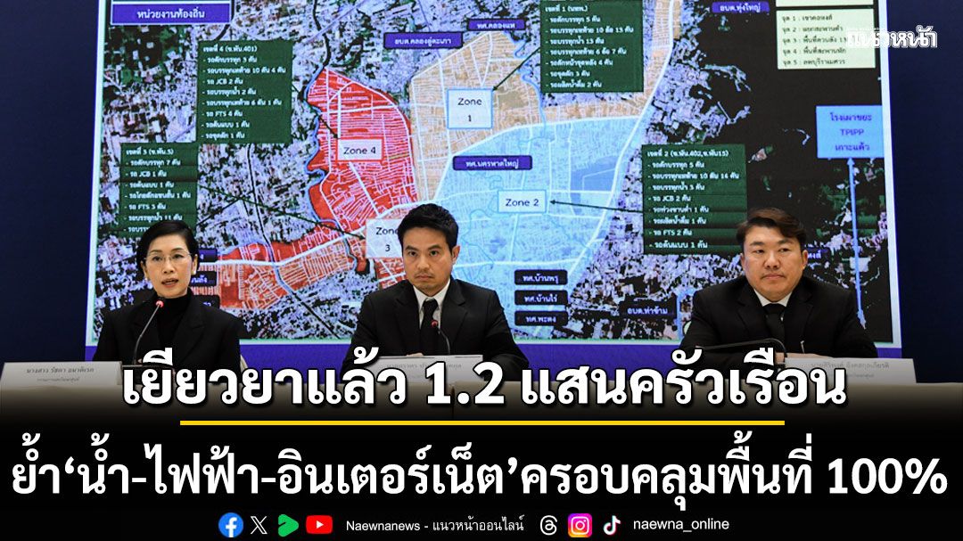 รัชดา เผยจ่ายเงินเยียวยาน้ำท่วมแล้ว 1.2 แสนครัวเรือน ย้ำ'น้ำ-ไฟฟ้า-อินเตอร์เน็ต'ครอบคลุมพื้นที่ 100%