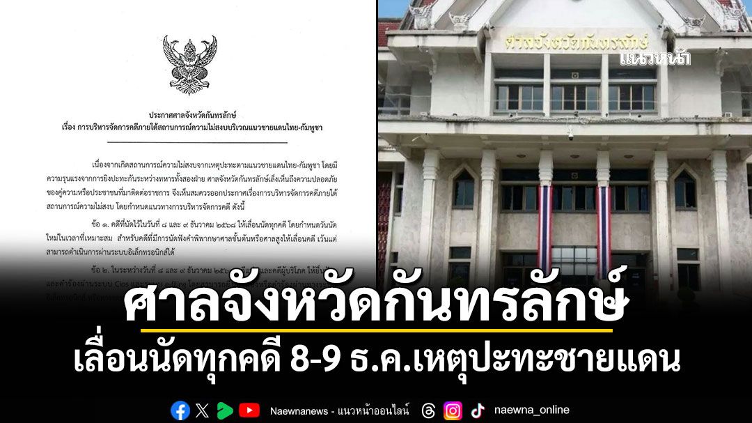 'ศาลกันทรลักษ์'เลื่อนนัดทุกคดี 8-9 ธ.ค.เหตุปะทะชายแดนไทย-กัมพูชา