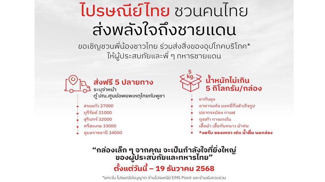 ไปรษณีย์ไทย เปิด ‘ตู้ ปณ.ศูนย์อพยพเหตุไทย–กัมพูชา'