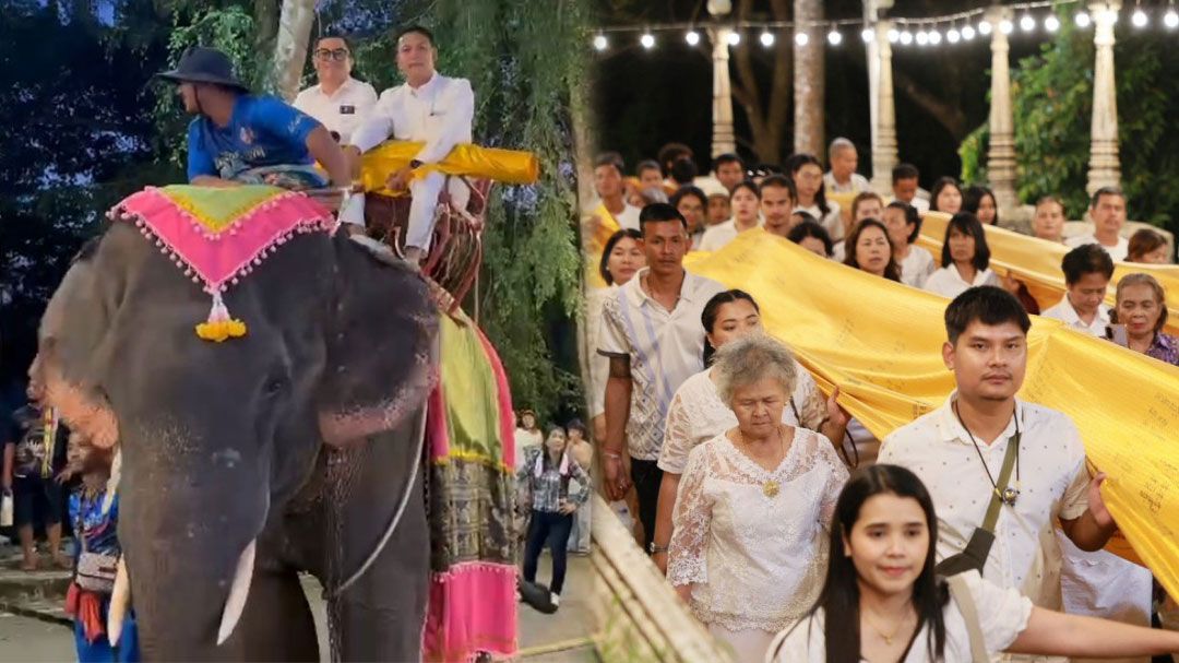 พลังบุญพังงา! ขบวนช้างแห่ผ้าห่ม ‘พระมหาธาตุเจดีย์พุทธธรรมบันลือ’ ยอดเขาล้าน