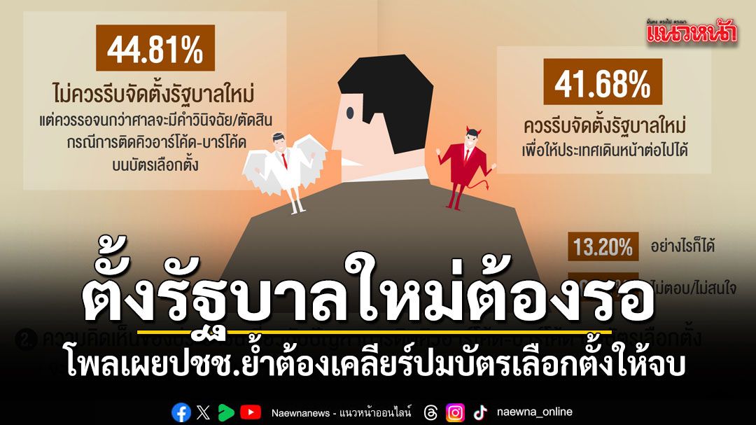 ตั้งรัฐบาลใหม่ต้องรอ นิด้าโพลเผยประชาชน 44.8% ย้ำต้องเคลียร์ปมบัตรเลือกตั้งให้จบก่อน