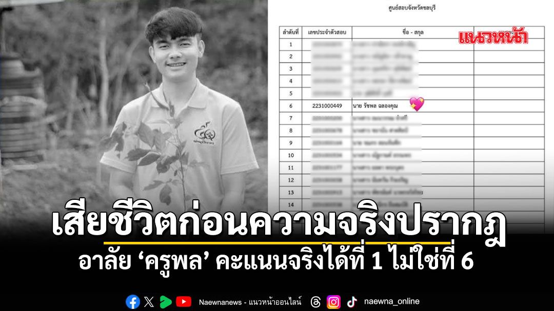โซเชียลแห่อาลัย! ครูผู้ช่วยชลบุรี เสียชีวิตก่อนรู้ความจริง คะแนนแท้จริงคือ \'อันดับ 1\' ไม่ใช่ที่ 6